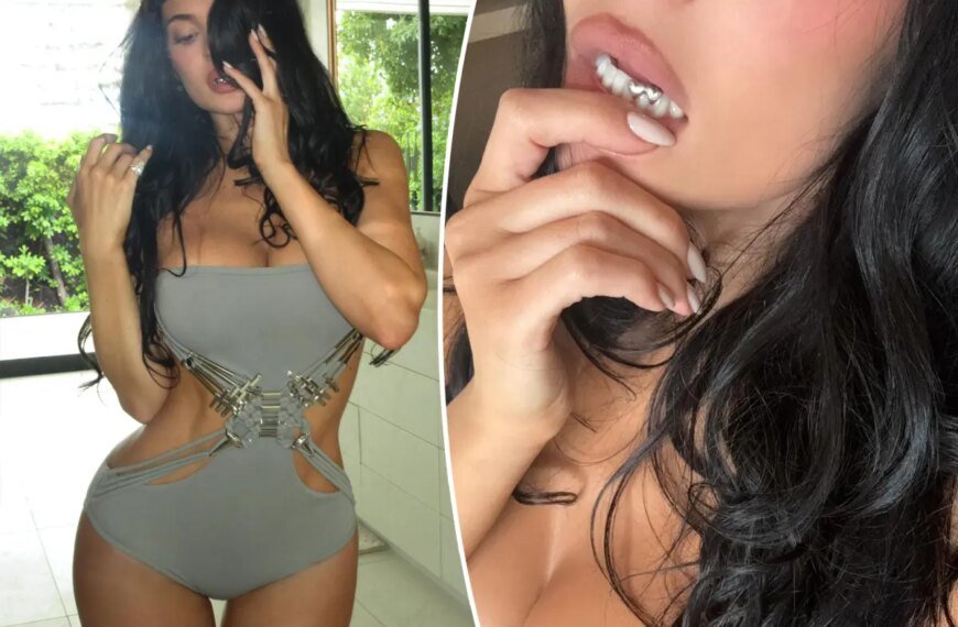 Kylie Jenner Styles Her Embellished Gucci Cutout Swimsuit with Heart-Shaped Silver Grills