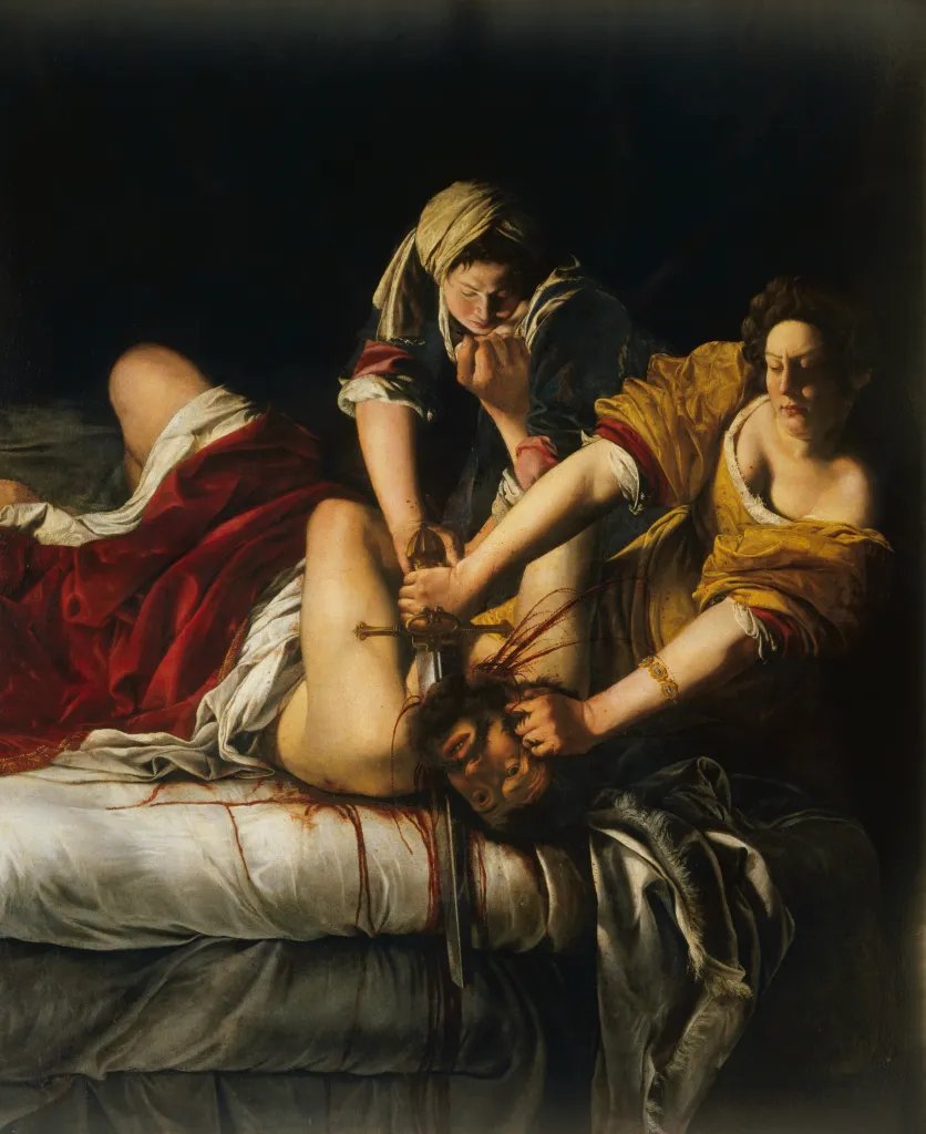 Oil painting titled "Judith Beheading Holofernes" by Artemisia Gentileschi.