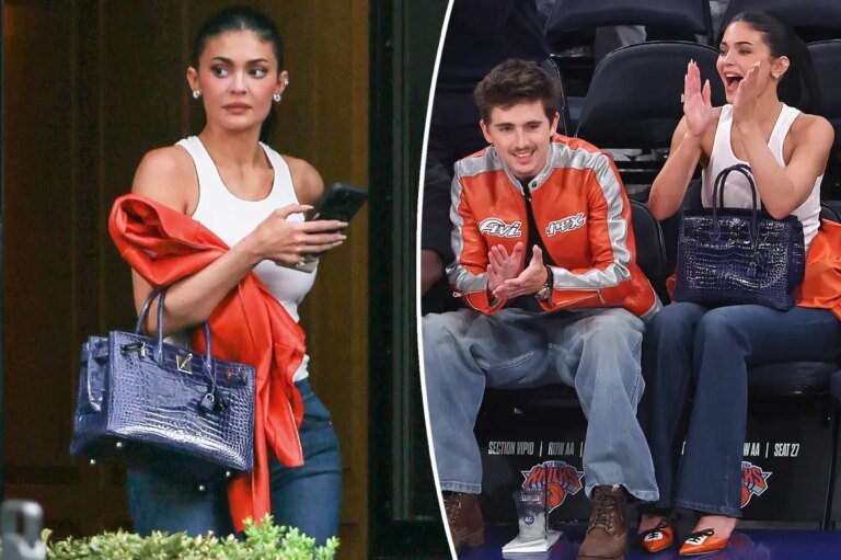 Kylie Jenner Stuns in a $63K ‘Knicks Blue’ Birkin Bag at the Playoff Game with Timothée Chalamet
