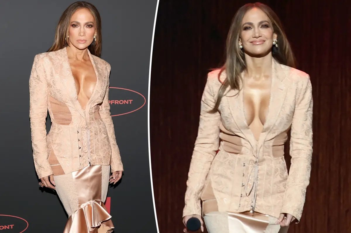Jennifer Lopez sports a corset-inspired suit while promoting 'Office Romance'